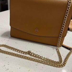 Tory Burch Tan Gold Crossbody Bag with Chain Strap